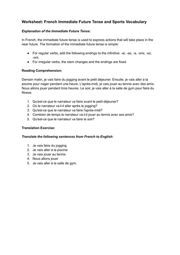 Worksheet: French Immediate Future Tense and Sports Vocabulary