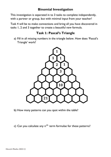 Binomial Expansion - 'Discover the formula!'  Investigation Worksheet