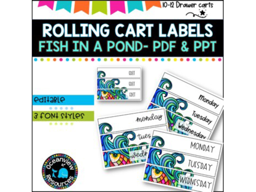 10 Drawer Rolling Cart Labels | FISH DOODLE PATTERN DESIGN I Teacher Trolley