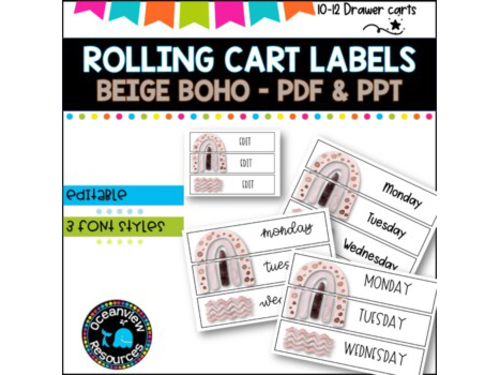 10 Drawer Rolling Cart Labels | BEIGE BOHO RAINBOW DESIGN I Teacher Trolley