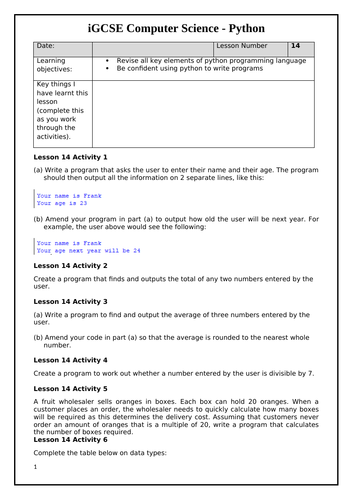 Python revision activities