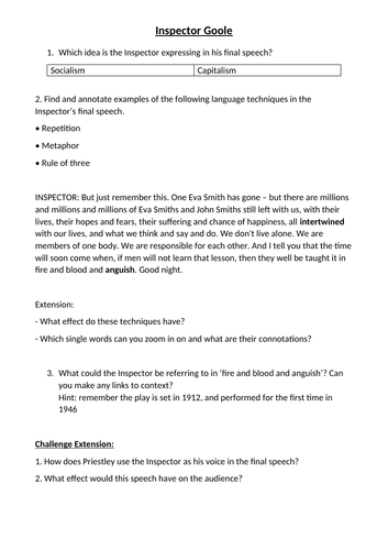 An Inspector Calls SOW (lower ability)