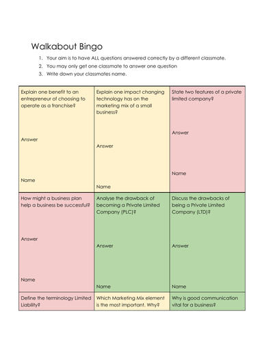 GCSE BUSINESS Retrieval Activity