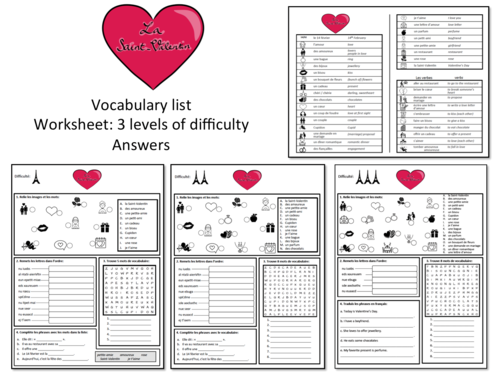 La Saint-Valentin- Vocab and Worksheets- KS3 French