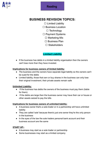Edexcel Business GCSE Revision Comprehension Pack