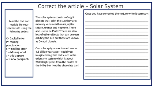 The Solar System - Editing and correcting sheet