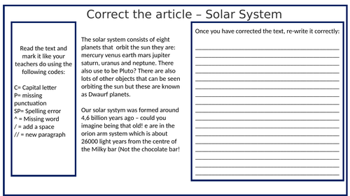 Solar System Literacy Error-Hunting Task – English Language Writing Preparation for 2026