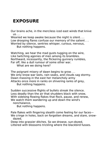 Worksheet English Literature GCSE Wilfred Owen's Poem "Exposure"