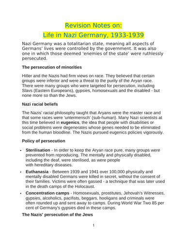 HISTORY Revision Note on : PAPER1. LIFE IN NAZI GERMANY