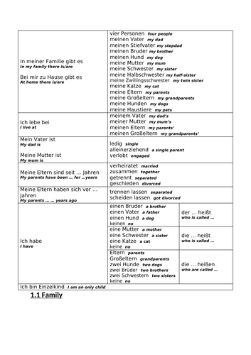 GCSE German Family and Relationships Sentence Builders