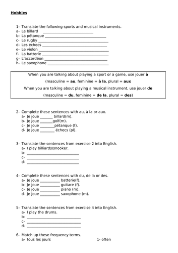 Y9 Hobbies Worksheet - French