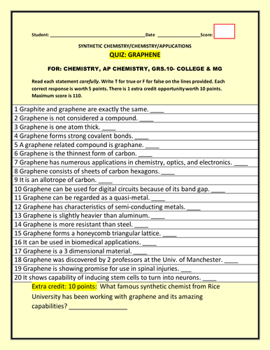 GRAPHENE  QUIZ: A TEST OF KNOWLEDGE /SYNTHETIC CHEMISTRY W/ANS. KEY