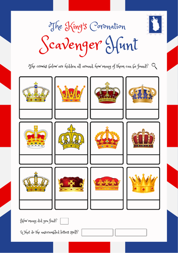 The King's Coronation Crown Scavenger Hunt Game - Find the Clues. Classroom Fun. Royal Celebration