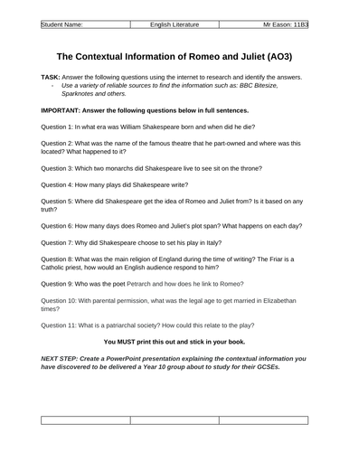 GCSE Romeo and Juliet: Context Worksheet