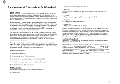 The Importance of Photosynthesis for Life on Earth