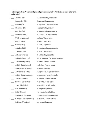 Present and present perfect subjunctive matching practice
