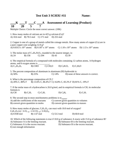 MOLES AND STOICHIOMETRY TEST SCH3U Grade 11 Chemistry Test WITH ANSWERS #11
