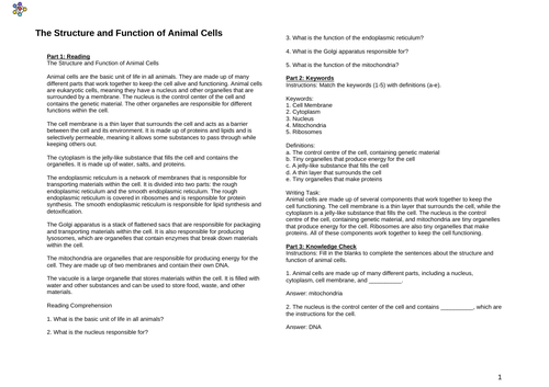 The Structure and Function of Animal Cells