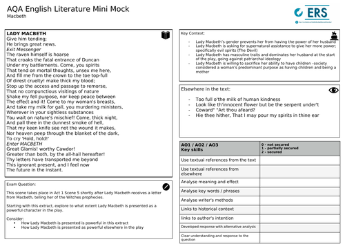AQA Macbeth 'Mini Mock' x5 GCSE English Literature
