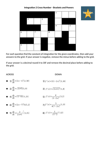 Integration Brackets and Powers A Level Maths Cross Number | Teaching ...