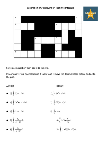 Definite Integrals A Level Maths Cross Number | Teaching Resources