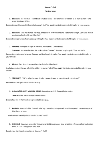 Journey's End writing tasks