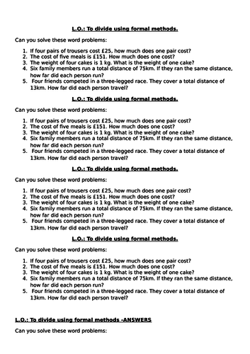 Year 5 Division Word Problems (with and without remainders)