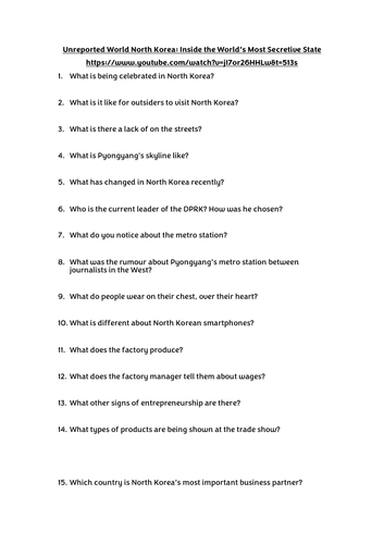 Unreported World North Korea Documentary Worksheet and Answers
