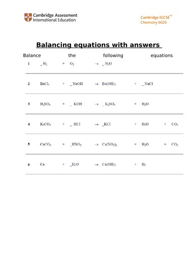 Balancing chemical equations worksheet