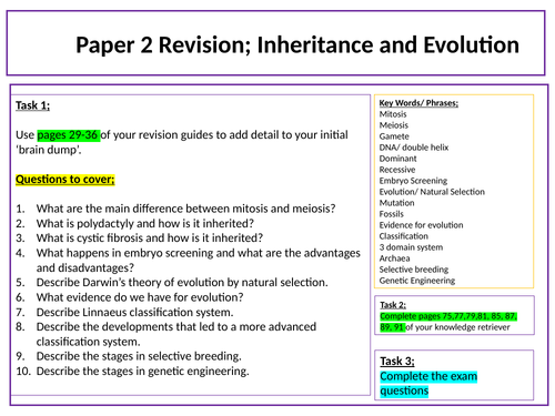 Biology Paper 2; AQA Inheritance; Variation and Evolution Revision questions and answers