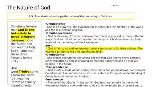 The nature of God - Includes EXAM QUESTIONS AND TECHNIQUE