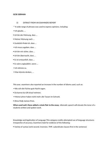 German GCSE revision Sheet by reference to an Examiners Report; various examples of correct conjugat