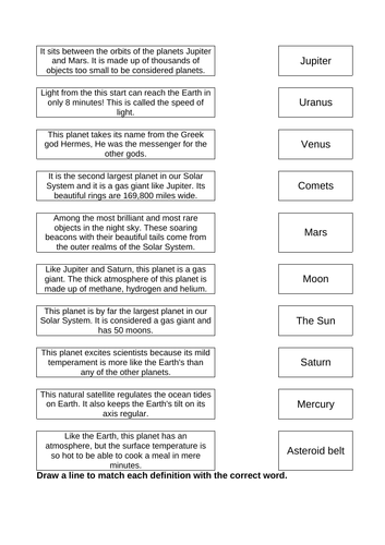 Science starter solar system quiz