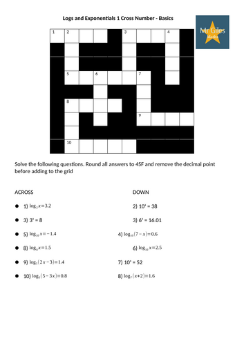 Logs and Exponentials A Level Maths Cross Number Group | Teaching Resources