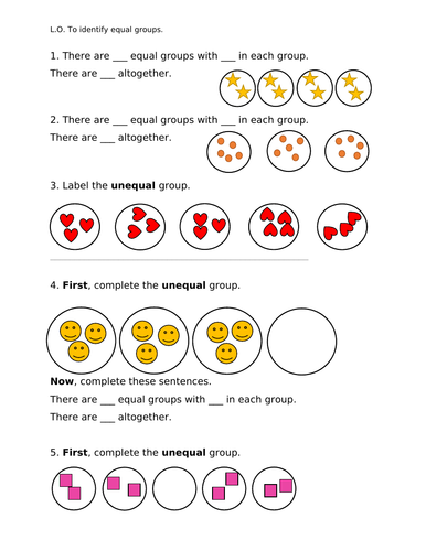 Identify, Make and Add Equal Groups Worksheets -Year 2, Three Lessons