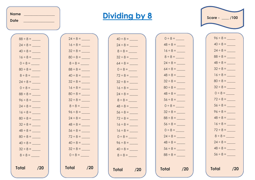 Dividing by 8 worksheet