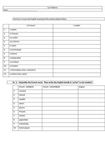 School subject self quiz sheet -French KS3/4