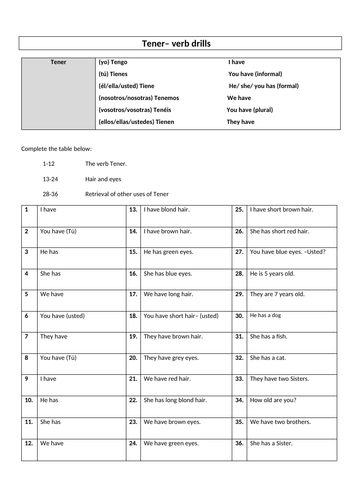 Tener verb drill sheet