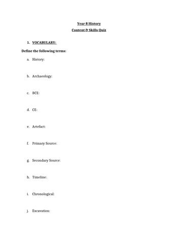 YEAR 7 History Diagnostic Quiz