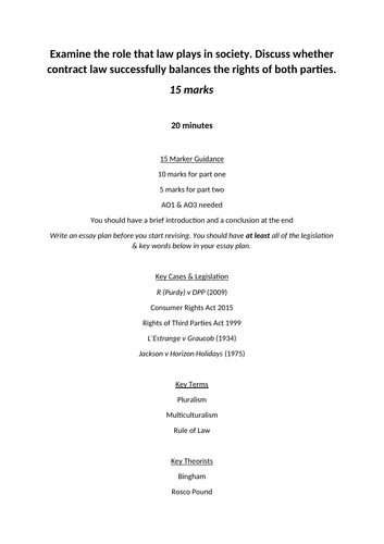 A-Level Law: AQA Nature of Law, Law and Society Question + Model + Plan (Contract)