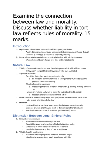 A-Level Law: AQA Nature of Law Question + Model + Answer - Law & Morality (Tort)