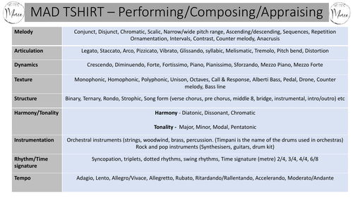 GCSE Music MAD TSHIRT Summary/Vocabulary sheet