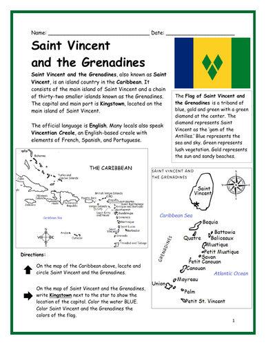 Saint Vincent and the Grenadines Introductory Geography Printable Worksheet map and flag