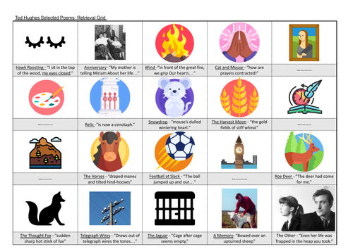 Ted Hughes Selected Poems- Retrieval Grid -Picture prompt retrieval grid revision task.