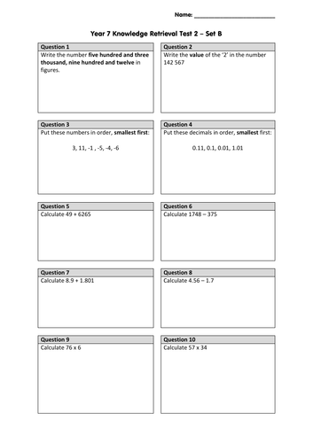 Year 7 Knowledge Retrieval Test 2