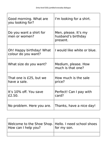 ESOL Entry 1/2 Jumbled Everyday Dialogue