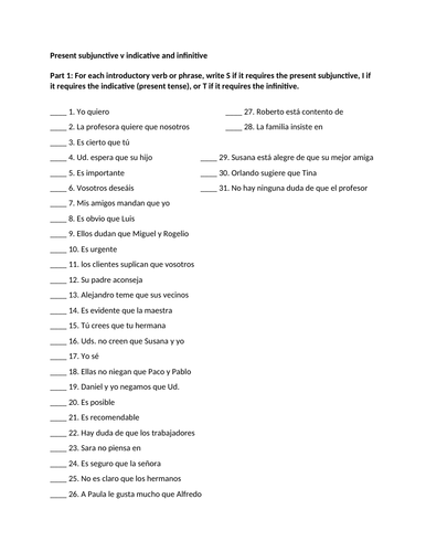 Present subjunctive v indicative and infinitive practice activity