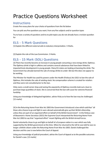 A-Level Law: Eduqas Practice Questions Worksheet - Revision or Cover Activity