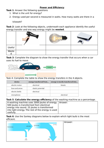Energy Transfers, Power, Efficiency and Sankey Diagrams Worksheet - 8K Exploring Science - SAMPLE