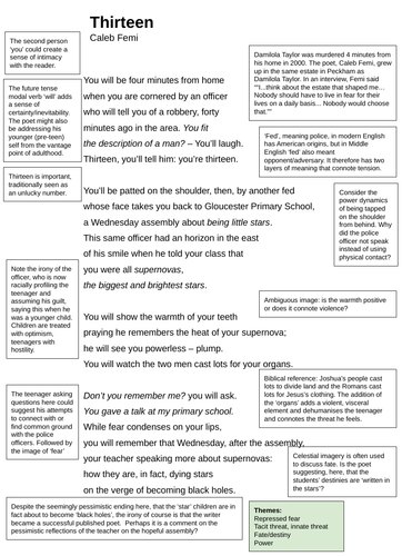 Thirteen by Caleb Femi - annotated analysis for GCSE poetry